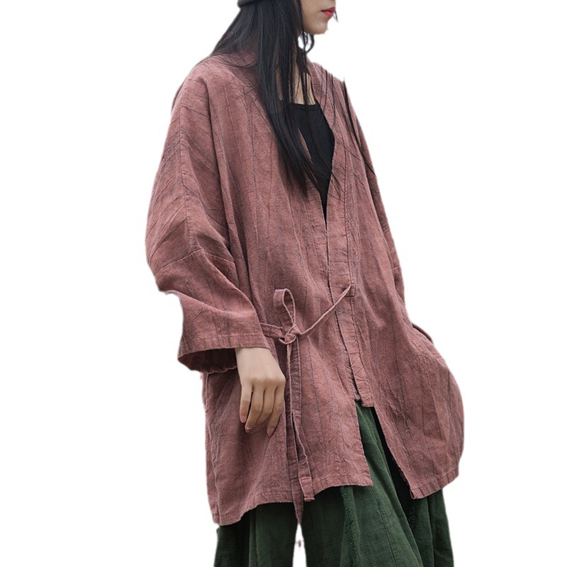 Ramie Tie-dyed Folding Old 24 Spring Cotton and Linen Women's Clothing New Style Slant Placket Lace-up Shirt Zen Style Wandering Style Women's Coat