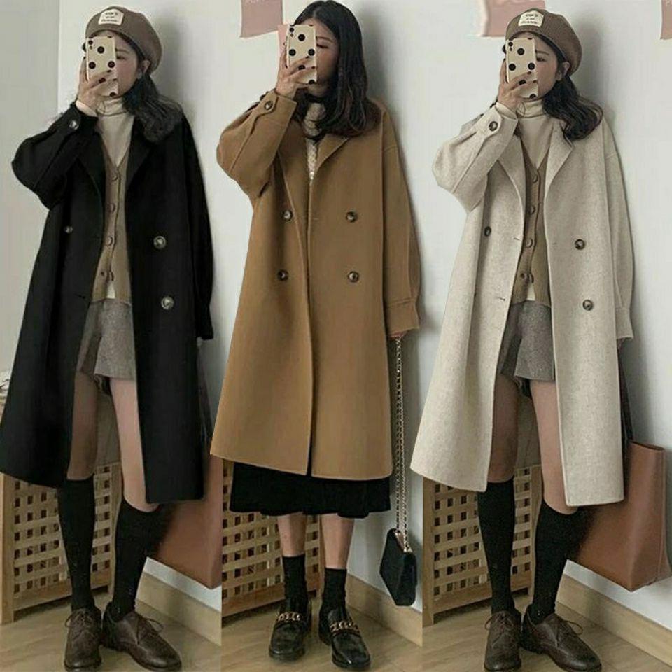 Wollmantel Damen Mittellang Klein Frühling und Herbst Neuer Hepburn-Stil Koreanischer Lockerer Beliebter Wollmantel Strickjacke_voghion.com