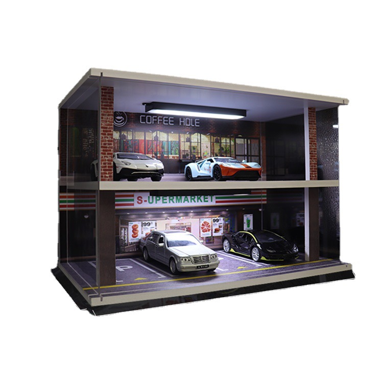 Parking lot scene model car model parking lot sand table model with light acrylic cover for shooting