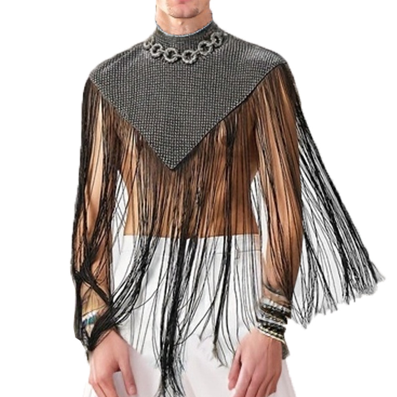 2024 New Stitching Sleeveless Cloak Sexy Foreign Trade Fashion European and American Men's Street Clothing High Collar Tassel Vest