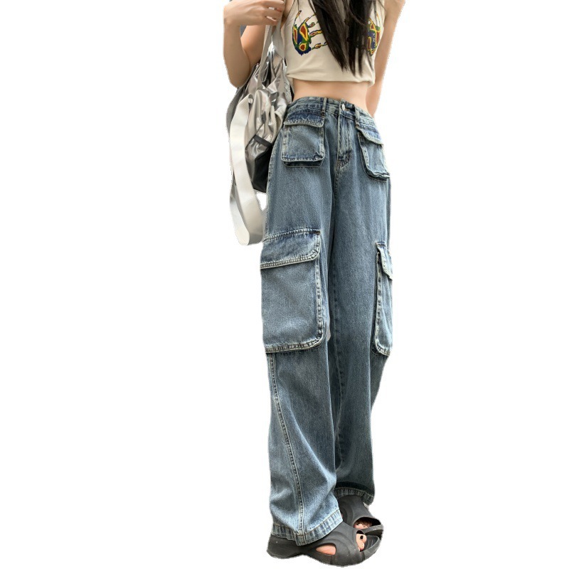 Women's Plus Size Fat Girl Tooling Jeans Loose Casual Straight Pocket Wide Leg Vintage American Style Mop Jeans