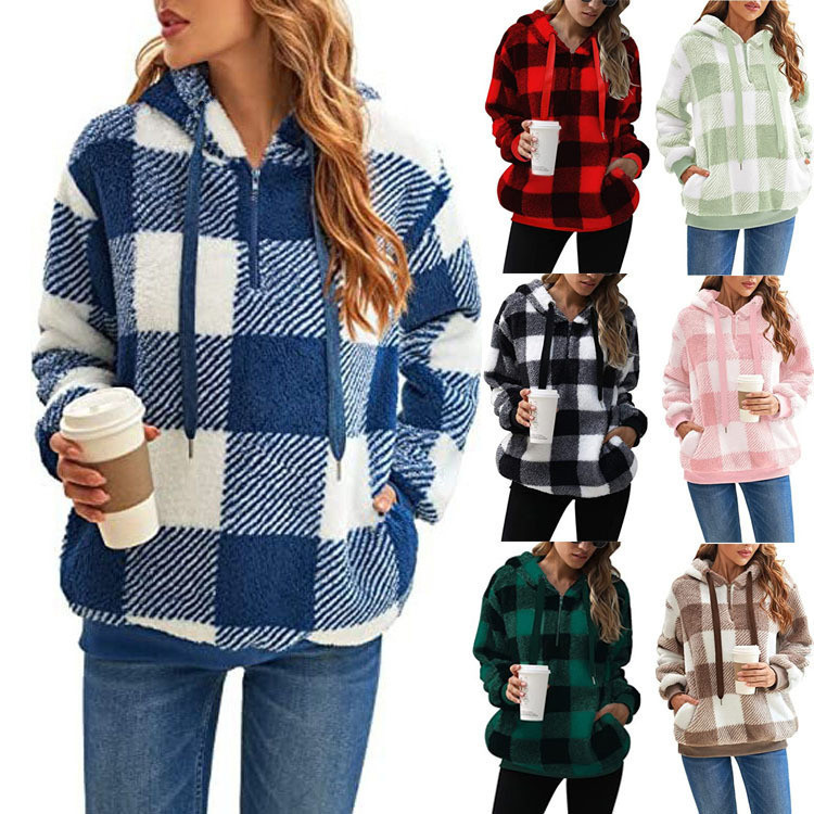Cross-border Women's Clothing Amazon Explosions European and American Autumn and Winter Hooded Plaid Warm Jacket Long Plush Cardigan Jacket