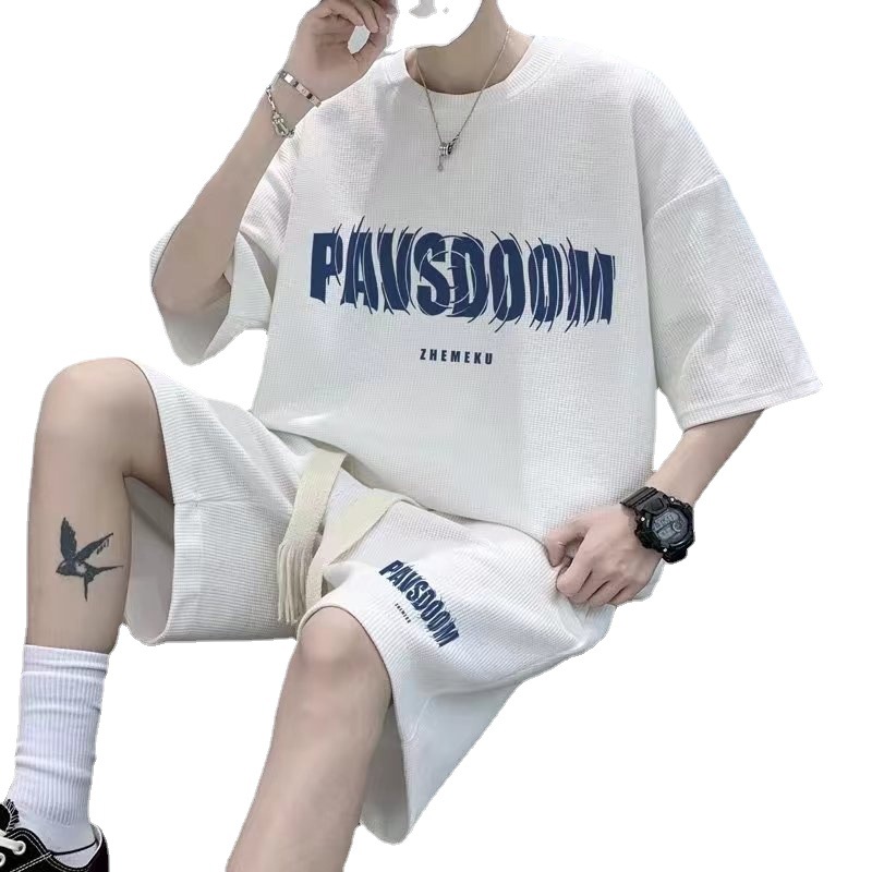 Summer waffle suit men's summer short-sleeved T-shirt fashion brand sportswear two-piece casual shorts teenagers