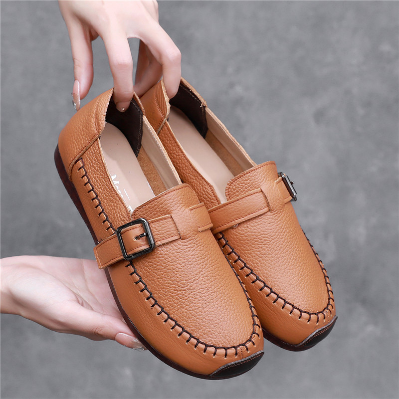 Cowhide Comfortable Soft-soled Moms Shoes Hand-stitched Single-layer Shoes Women's Shoes Large Size Wide Running Women's Shoes 3906
