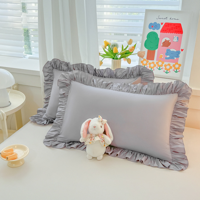 2025 factory direct Korean princess style solid color washed cotton ruffled pillowcase ins style pillowcase single product