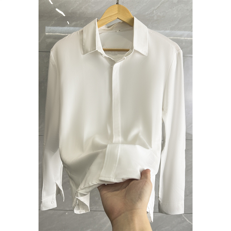 Autumn seamless hidden buckle white shirt men's draping long sleeve hair stylist pure white loose casual chiffon shirt fresh