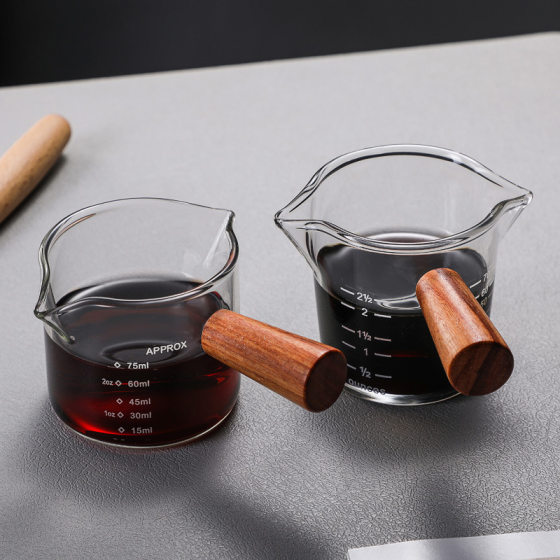 Wooden Handled Double Mouth Milk Cup Coffee Milk Cup Glass Coffee Cup Milk Cup Italian Glass Coffee Measuring Cup