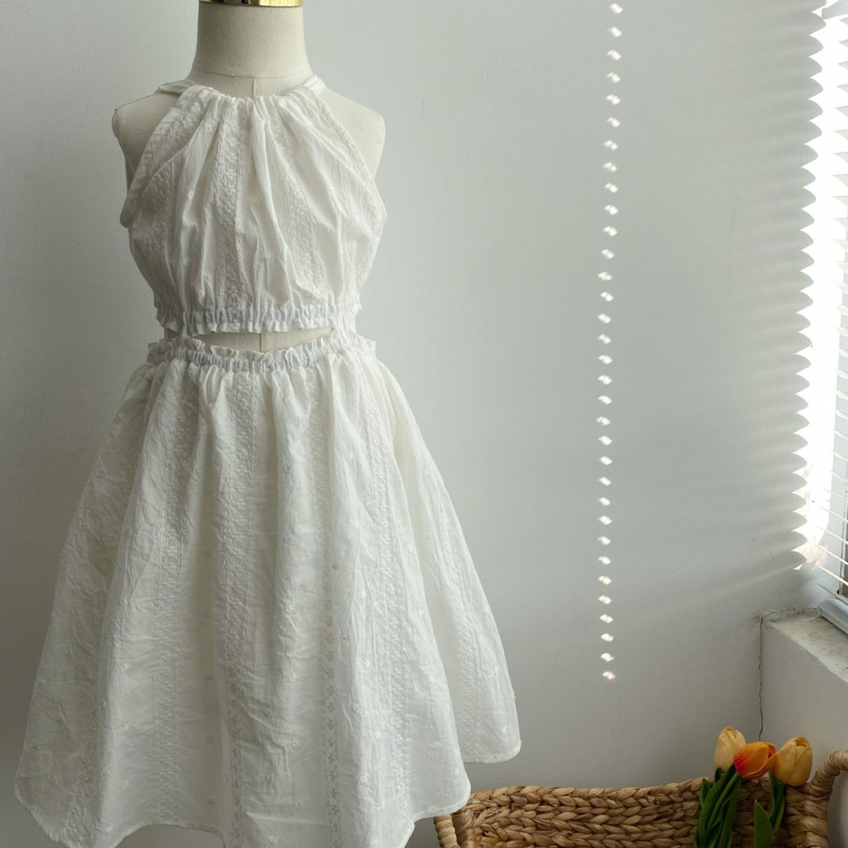 Girl's Mori white embroidered dress 2024 Summer Korean style children's dress halter strap fairy dress women