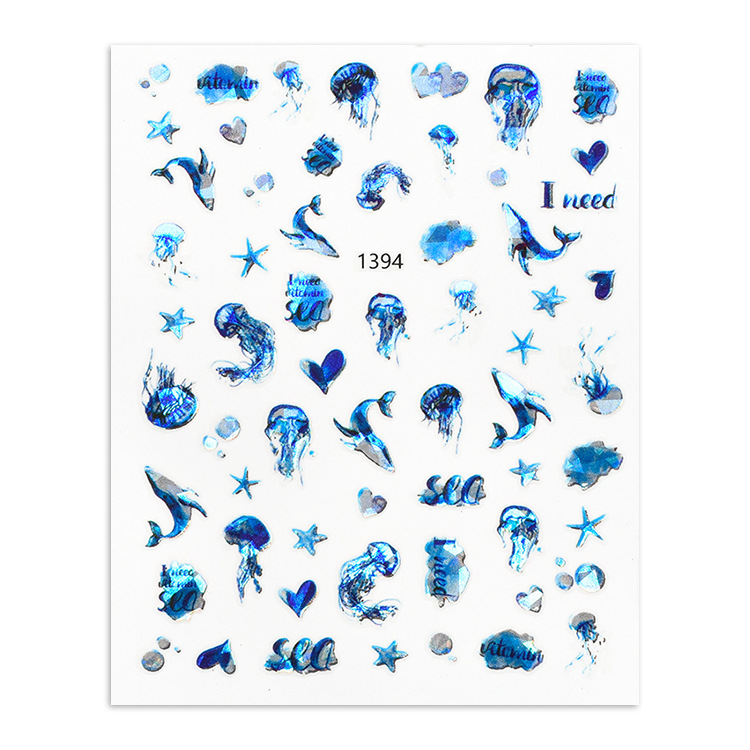 Laser nail stickers Wholesale Ocean series 3d nail decals jellyfish dolphin shell starfish children nail stickers