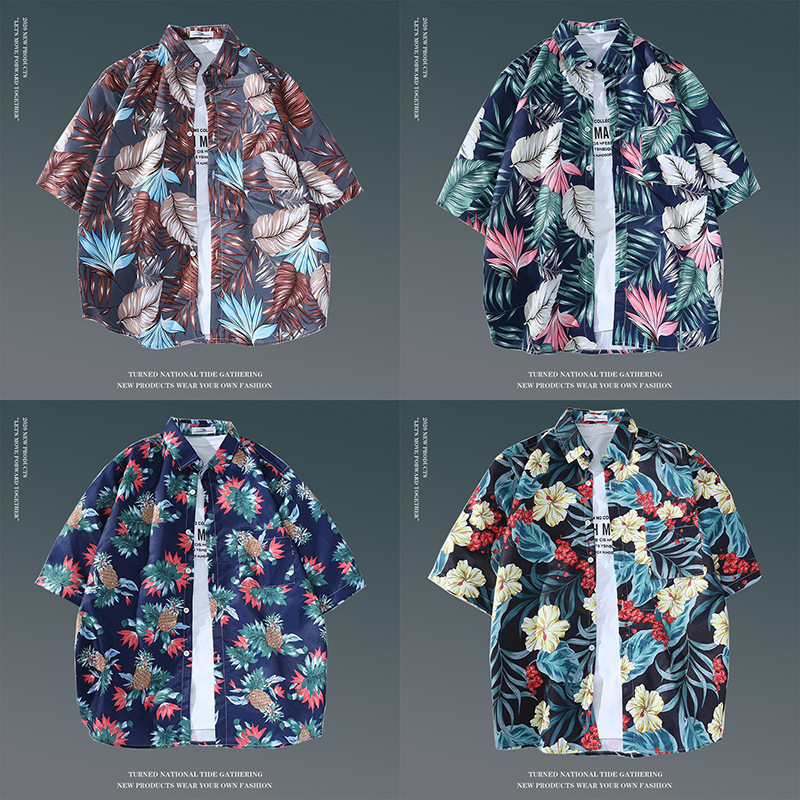 Hawaiian floral shirt men's retro couple trend casual loose popular beach vacation floral short-sleeved shirt trendy