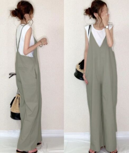 Cross-border Trade Jumpsuit 2024 Summer New Japanese Women's Sling Pants Solid Color Casual Loose Wide-leg Pants