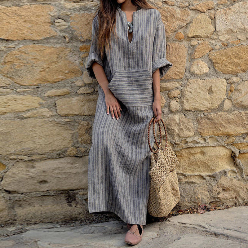Cross-border independent station Amazon explosions Europe and the United States new cotton and linen yarn-dyed striped loose long dress