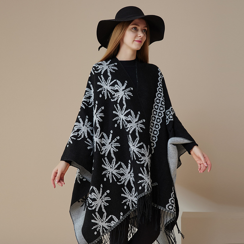 Eșarfă unisex la modă, tricotată din lână, cu două fețe, șal, pelerină, palton, șal cald cu ciucuri_voghion.com