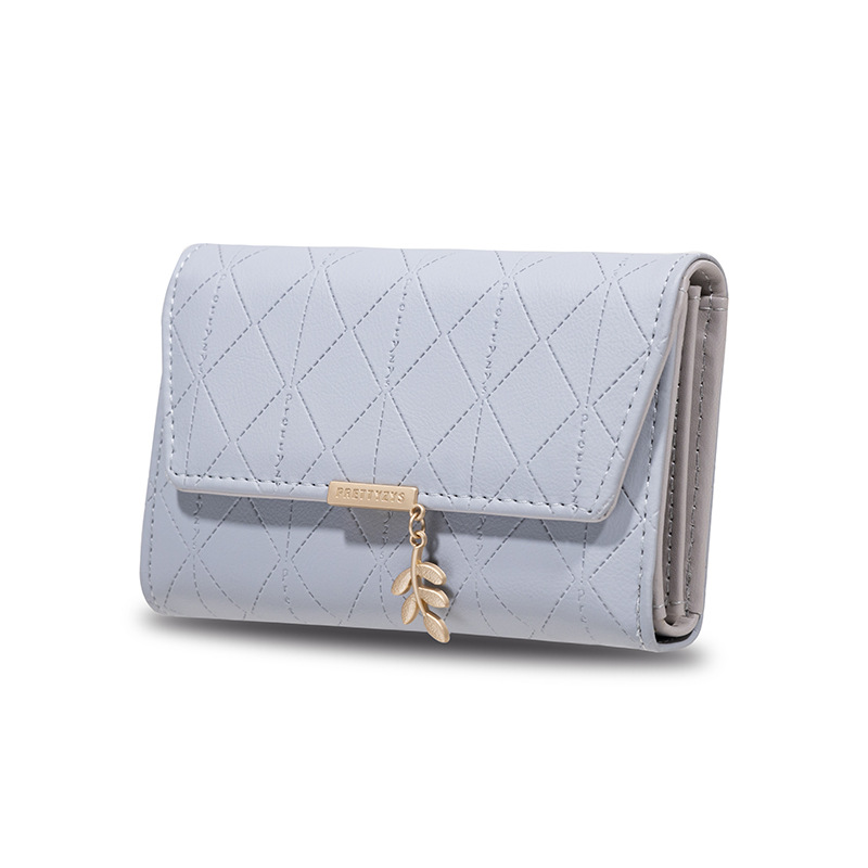 Women's Mid-length wallet summer new PU fresh rhombus personality leaf pendant tri-fold bag women's clutch