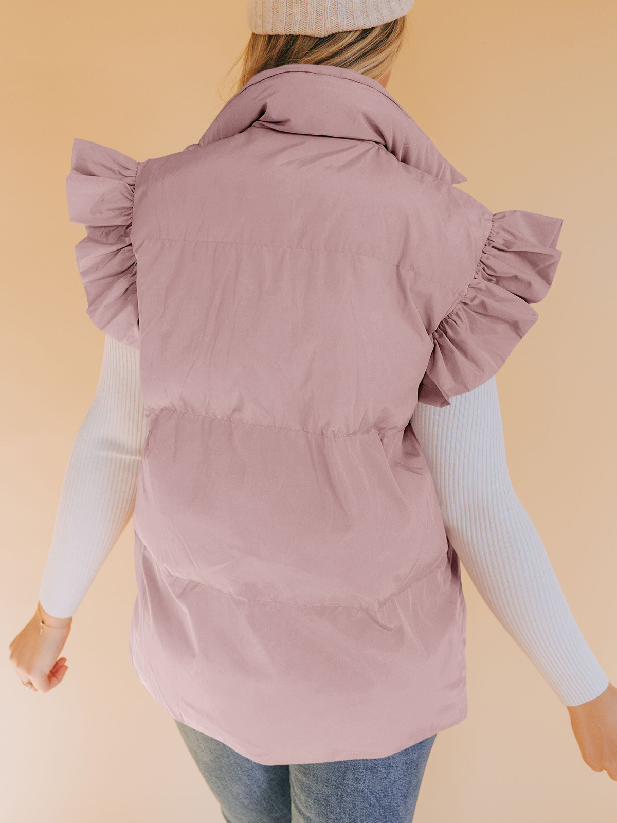 Grenzüberschreitende europäische und amerikanische Herbst- und Winterneuheiten mit lockerer Tasche und Baumwollpolsterung, fliegende Ärmel, elegante Weste, Stehkragen, Mode, Einreiher_voghion.com