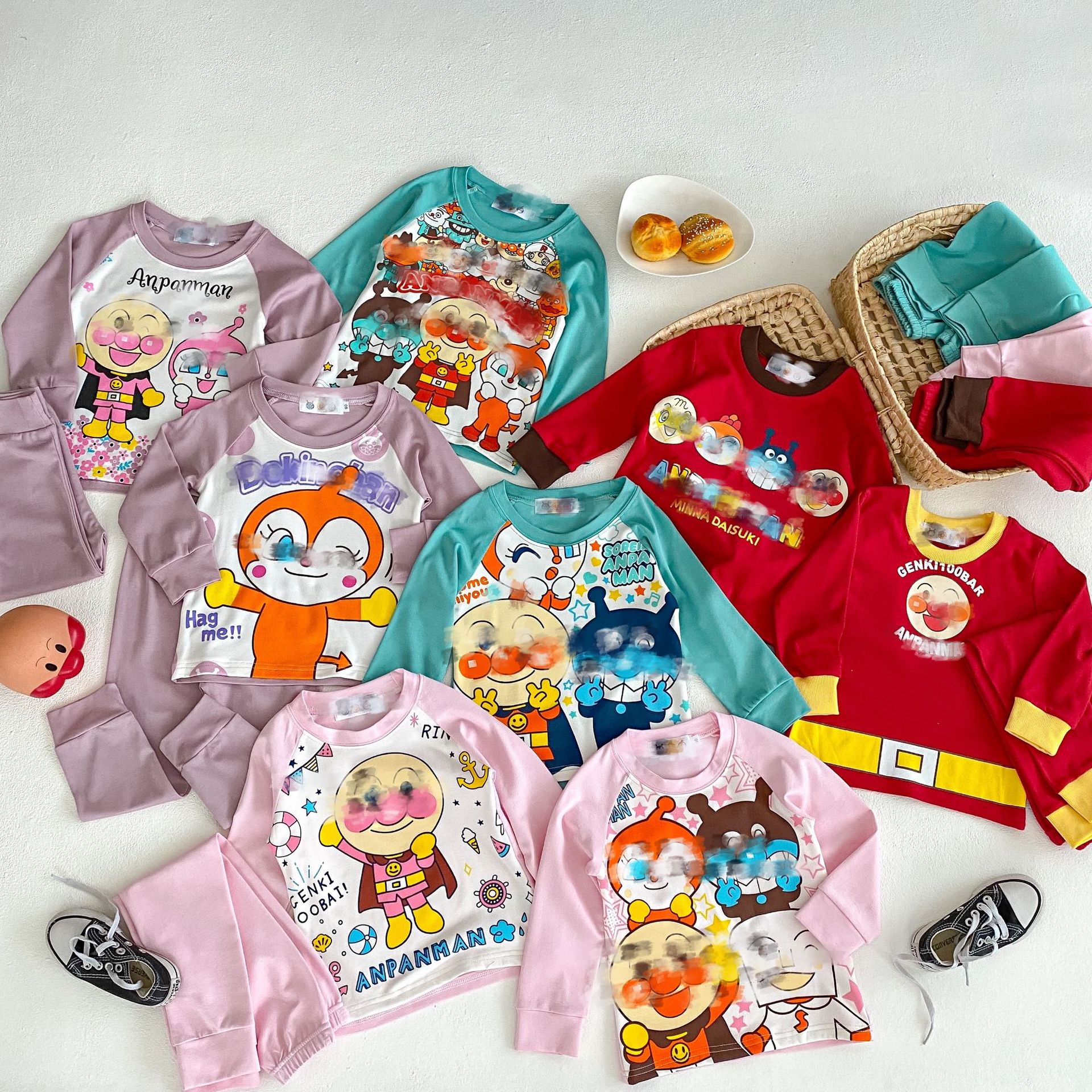 Japanese-style face super children's clothing autumn boys and girls cute long-sleeved set baby cartoon soft home clothes set 