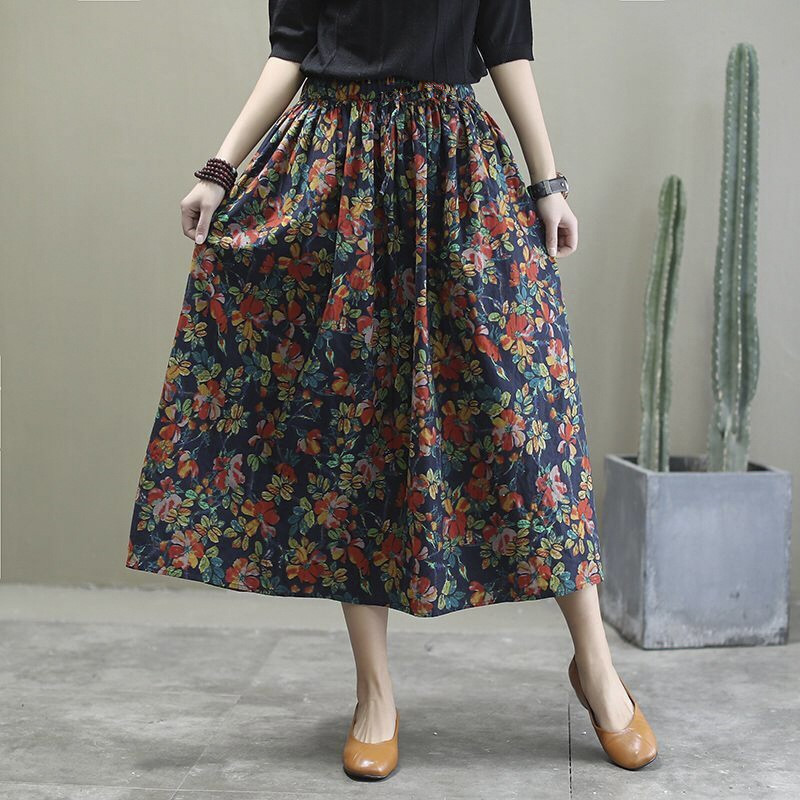 Summer Ethnic Cotton and Linen Floral Skirt 2024 New Women's Clothing Middle-aged and Elderly Large Size Korean Style Long Skirt for Mother
