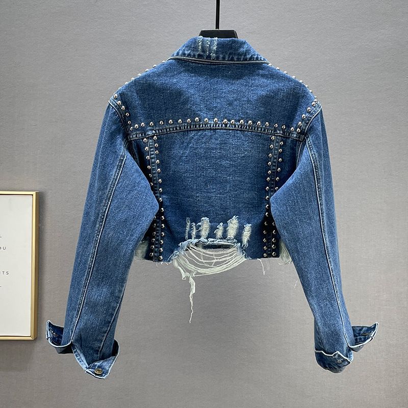 European and American New Independent Station Foreign Trade Heavy Industry Rivet Diamond Denim Jacket Women's Wear Beaded Jacket Top