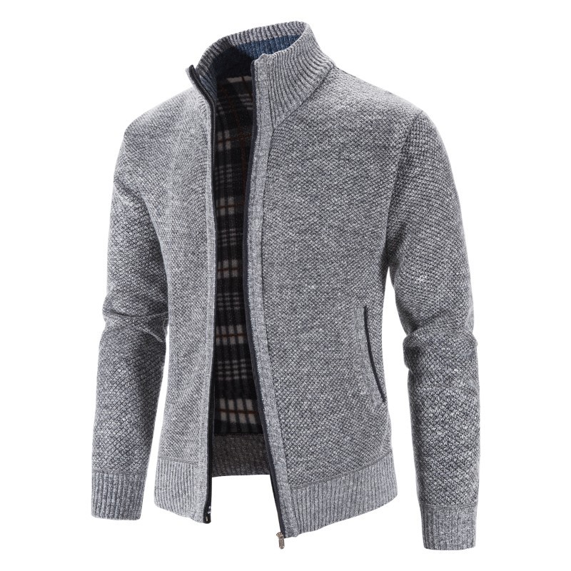 2021 autumn and winter New plus velvet padded large size sweater coat stand collar cardigan Korean casual sweater men's coat