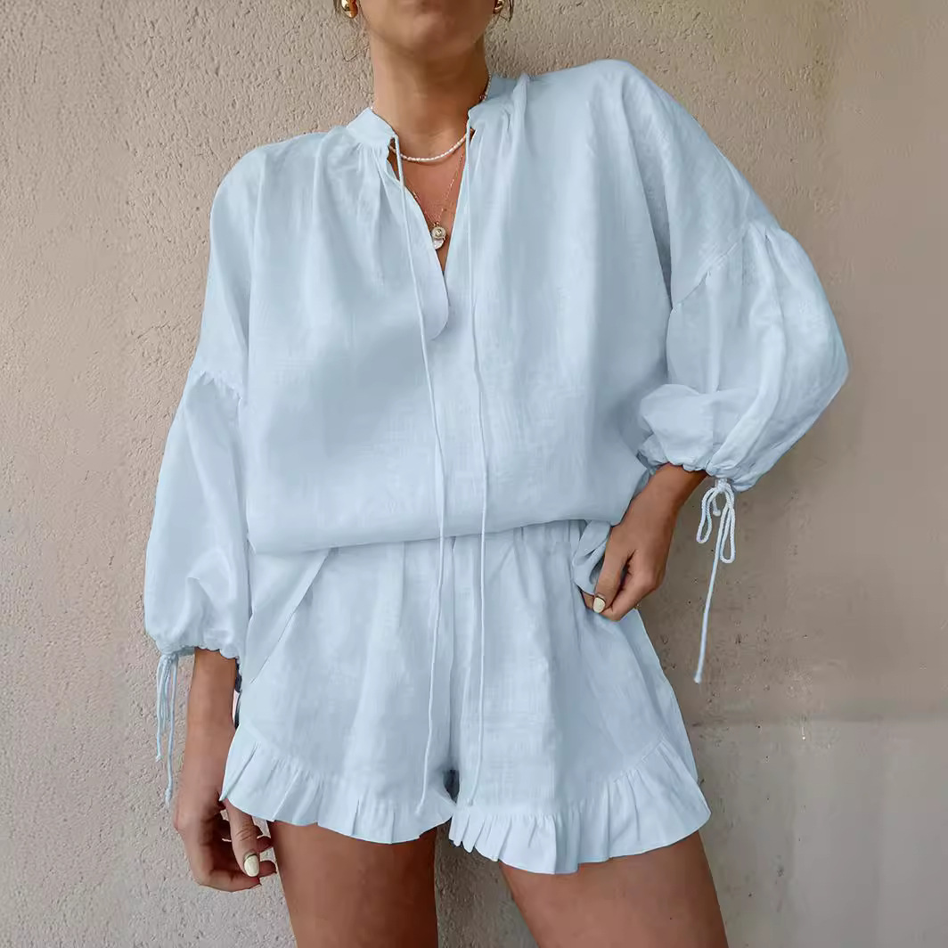 Fashion Cotton Linen Solid Color Loose V-neck Lantern Sleeve Shorts Two-piece Set Summer All-match Sexy Lace-up High Waist Suit