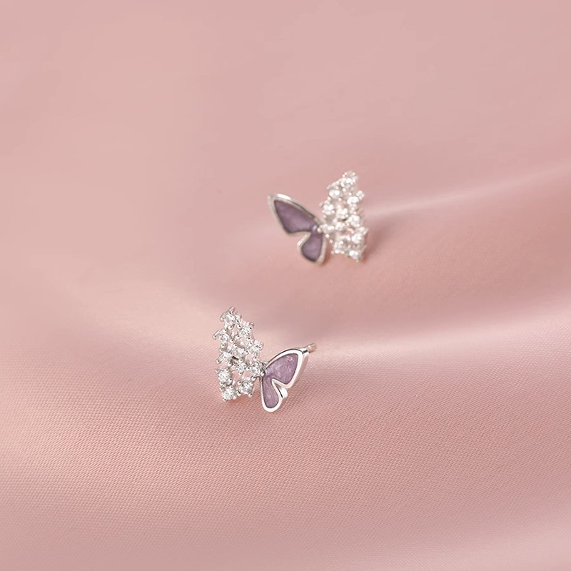 Purple Butterfly stud earrings Women's Light luxury elegant asymmetric small butterfly earrings daily commuter simple inlaid zircon earrings