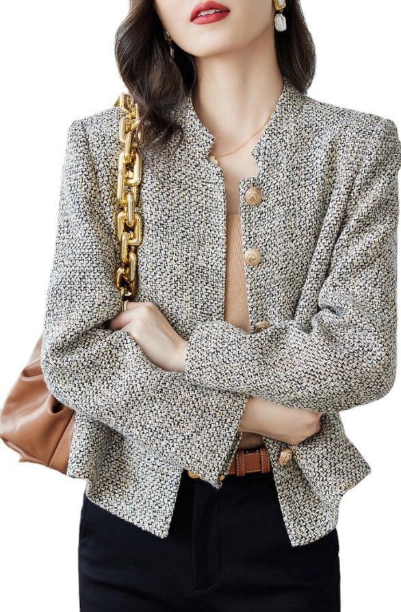 French Style Chanel Style Coat Women's 2023 Spring and Autumn New Style Vertical Collar Woolen Fashionable Elegant Niche Chic Short Top