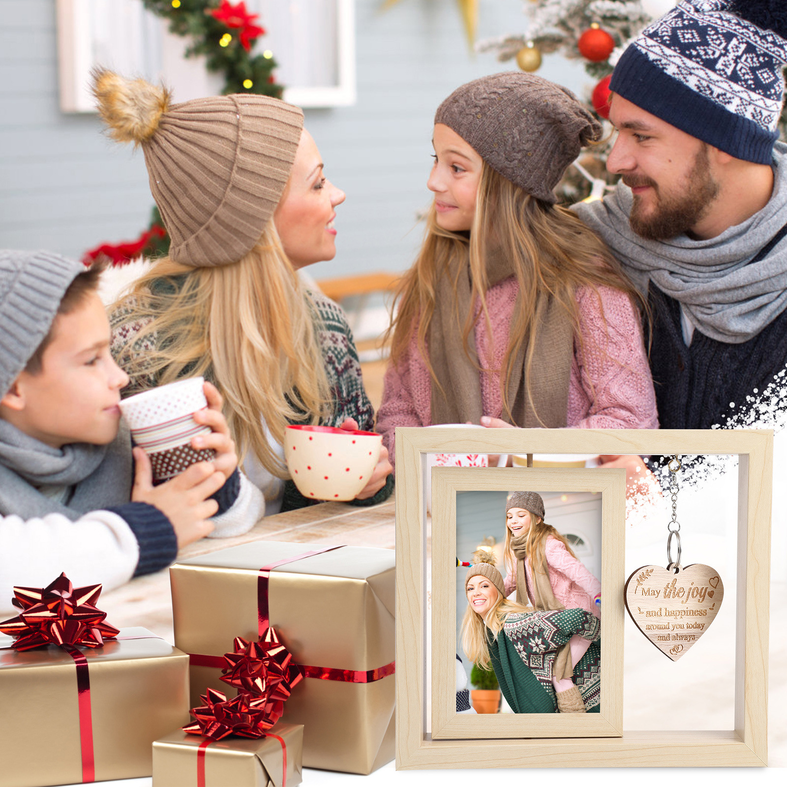 Cross-border hot sale double-sided rotating photo frame 6-inch wooden frame with pendant table decoration Mother's Day Christmas New Year gift
