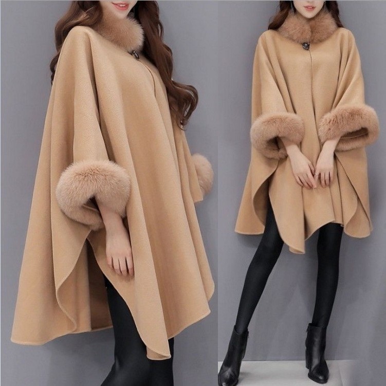 Autumn and Winter large rabbit fur collar mid-length woolen overcoat elegant Cape shawl Hepburn style woolen plus size overcoat for women_voghion.com