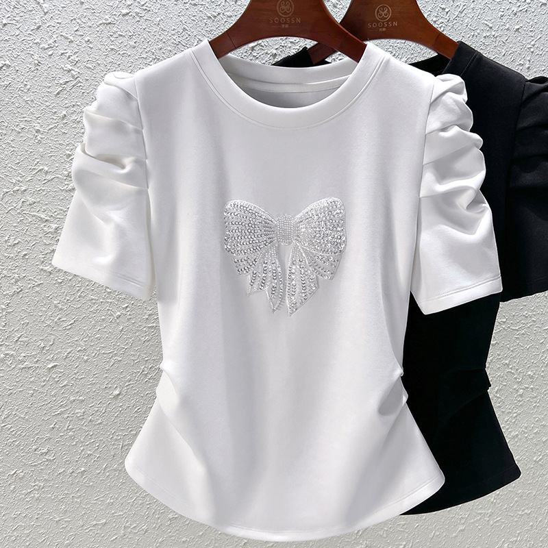 2024 Summer New Design Sense Puff Sleeve Short-sleeved T-shirt Slim-fit Slimming Bow Decorative Top Women's 1688