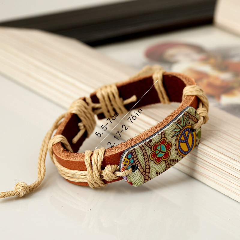 European and American fashion jewelry hemp rope woven cowhide bracelet retro style hot stamping peace logo leather bracelet a generation of hair