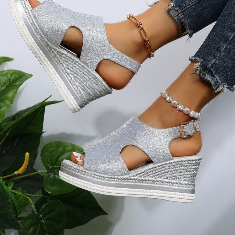 AliExpress wish Belt Buckle Wedge Sandals Women's 2023 New Mid-heel Platform Thick Bottom Hollow Peeple Sandals
