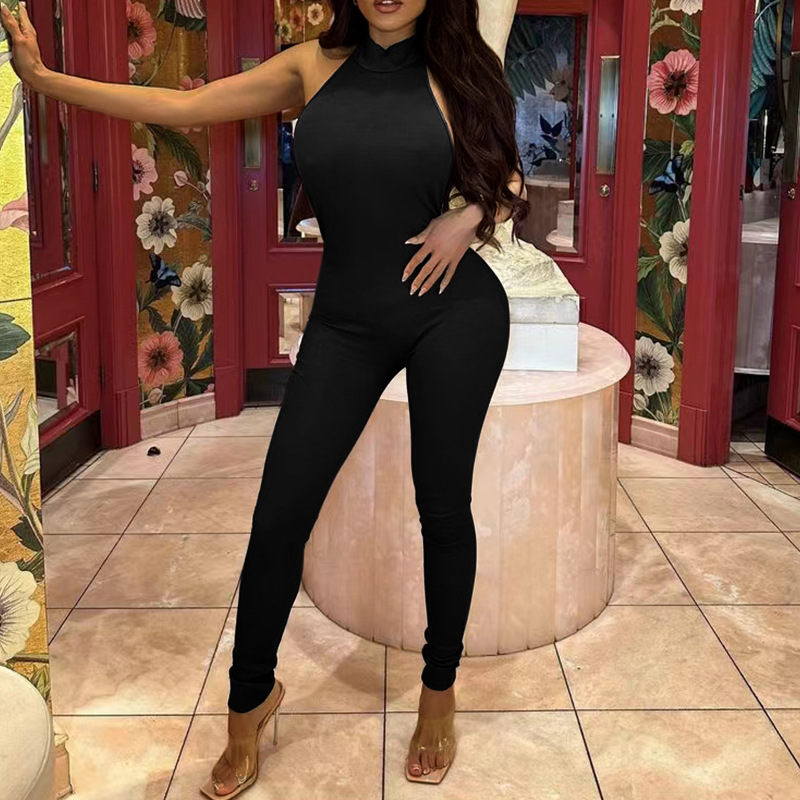 Sexy Hanging Neck Backless Slim-fit High Waist Hip-lift Jumpsuit 2023 Spring European and American Foreign Trade Sports New Women's Wear