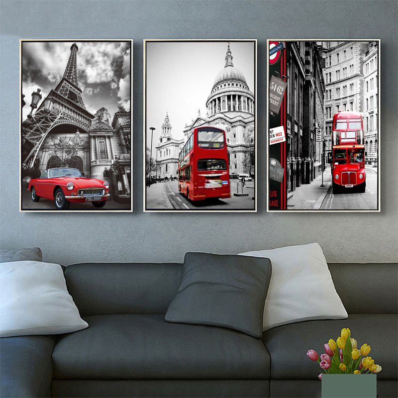 Retro British street bus tower building landscape living room sofa Wall decorative painting core home art poster