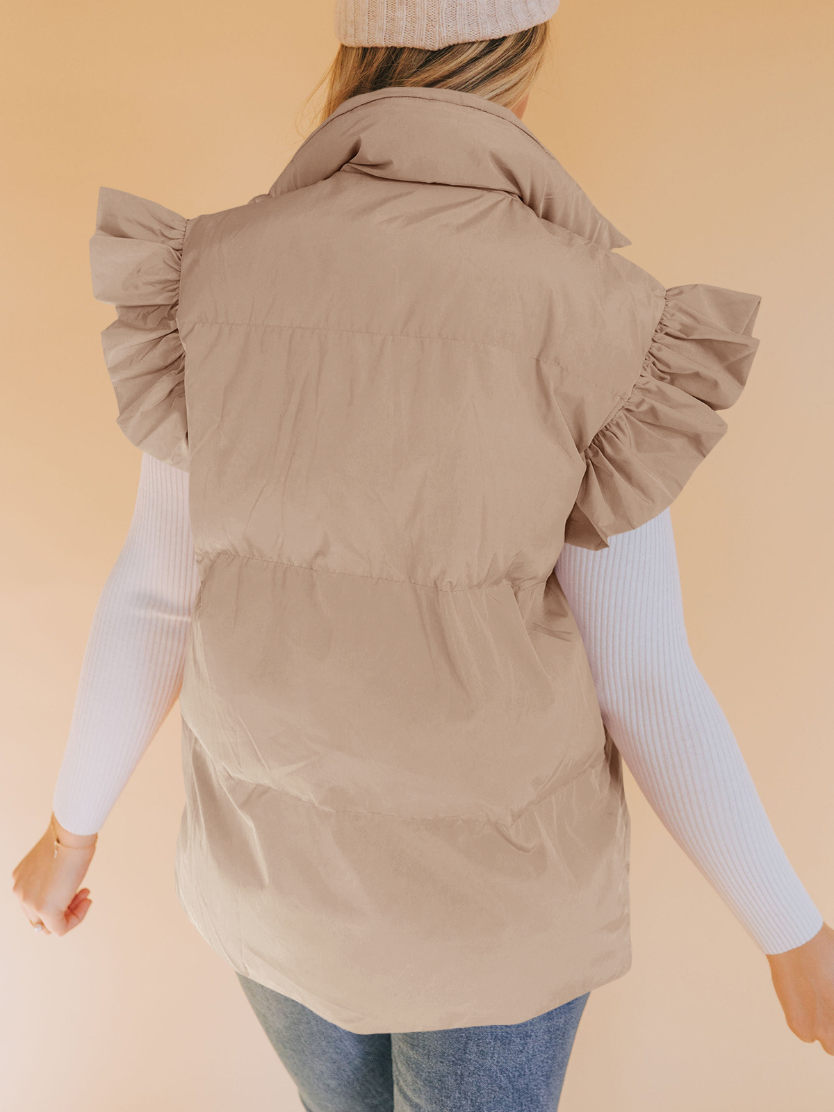 Grenzüberschreitende europäische und amerikanische Herbst- und Winterneuheiten mit lockerer Tasche und Baumwollpolsterung, fliegende Ärmel, elegante Weste, Stehkragen, Mode, Einreiher_voghion.com