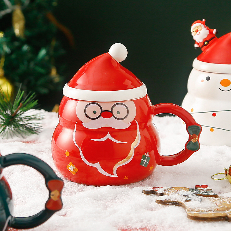 Creative Christmas Gift Ceramic Cup with Lid and Spoon Large Capacity Snowman Mug Santa Claus Water Cup Cross Border