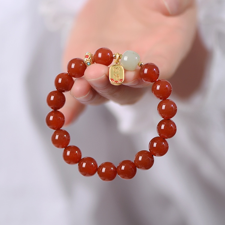 Natural Red Agate Bracelet Female Hetian Jade Bracelet Benmingnian Red Bean Antique Transfer Bead Acacia Bean Jewelry
