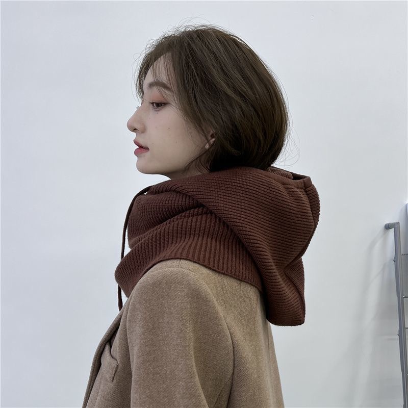 Hooded Scarf Knitted Hat Scarf Integrated Korean Style Autumn and Winter Hat Knitted Cold Hat Women's Warm Ear Protection Woolen Hat Pullover