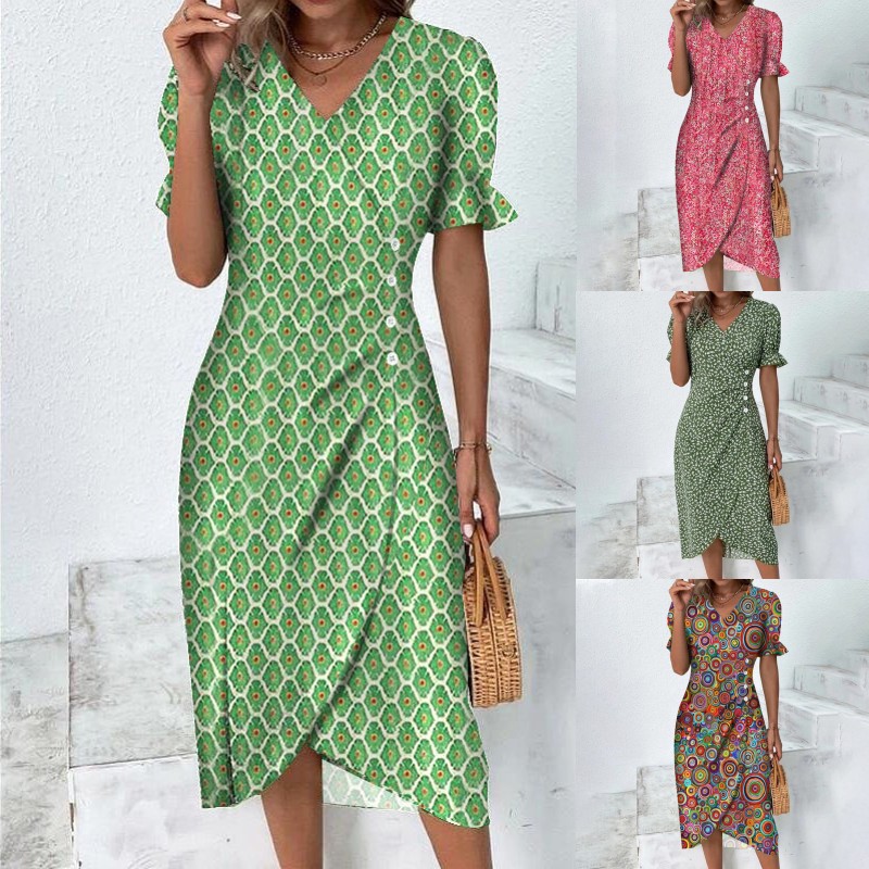 2024 summer new independent station hot-selling geometric collage bubble sleeve irregular hem dress women's clothing