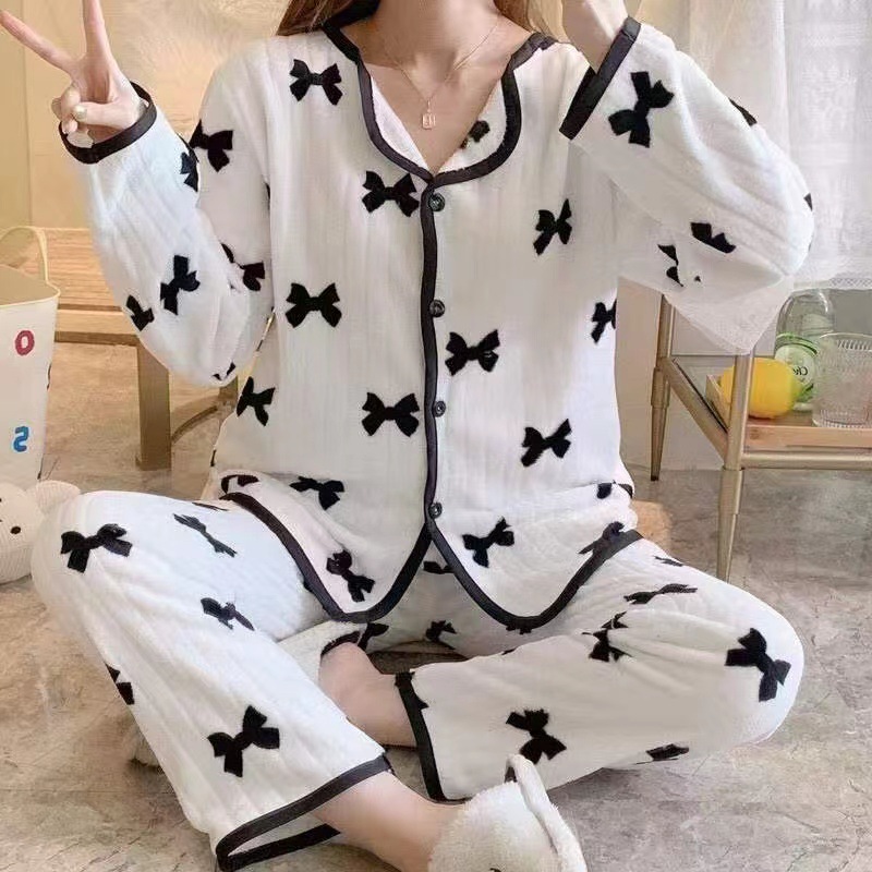 Bow Coral Fleece Pajamas Home Clothes 2022 Autumn and Winter New Women's Outwear Loose Thickened Lazy Suit