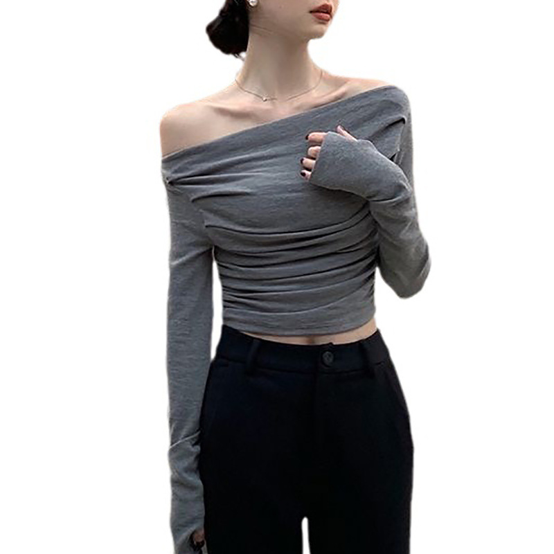 Spring and summer long-sleeved T-shirt women's slimming bottoming shirt lapel undershirt slim slimming irregular short top