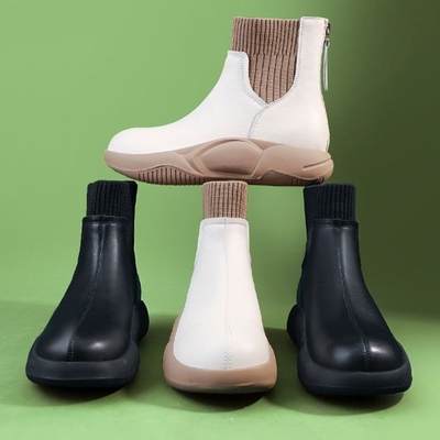 Vintage Round Toe Flat-heeled Boots Women's Stretch Socks Boots Mid-heeled Sporty Autumn and Winter Single Boots British-style Slimming Martin Boots