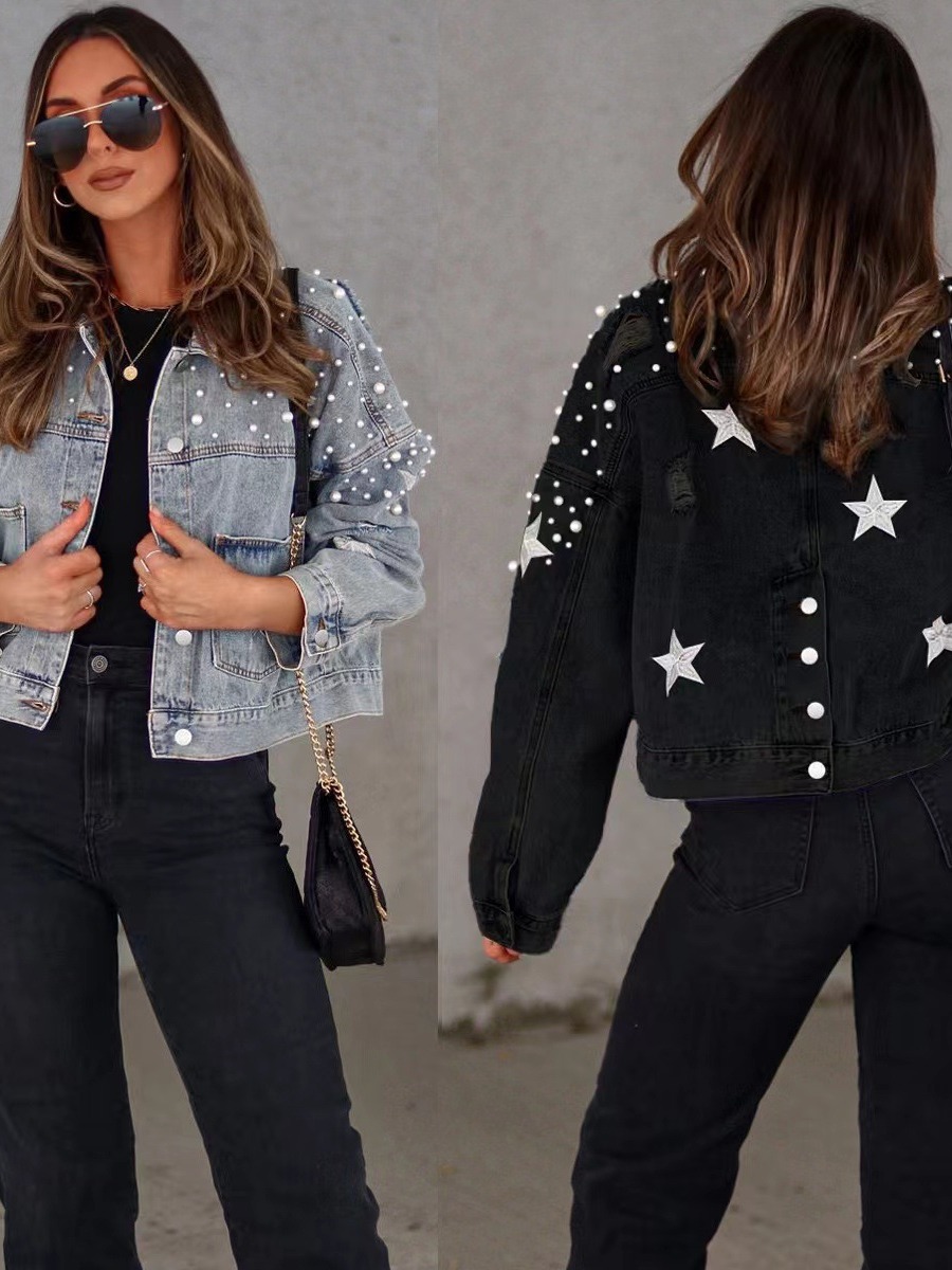 Fall/Winter 2023 European and American cross-border Amazon AliExpress fashion European and American heavy industry beaded women's loose Denim coat