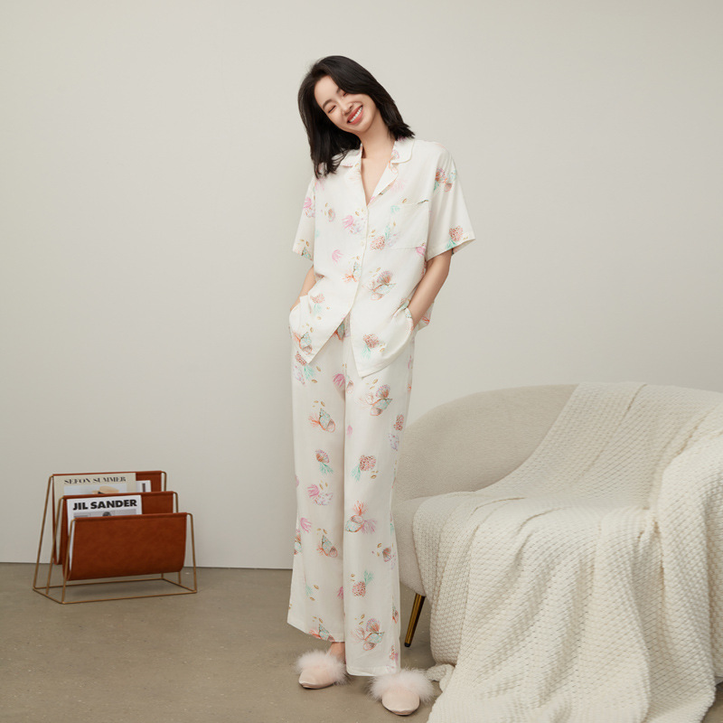Tencel lyocell spring/summer thin pajamas home wear summer pink leopard print plus size short sleeve cool cardigan suit