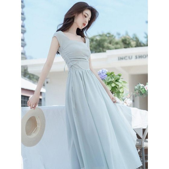 Vintage Minute Style Women's Square Collar French Dress Long High Waist Slimming Skirt Women's Summer Long Dress Summer 2024