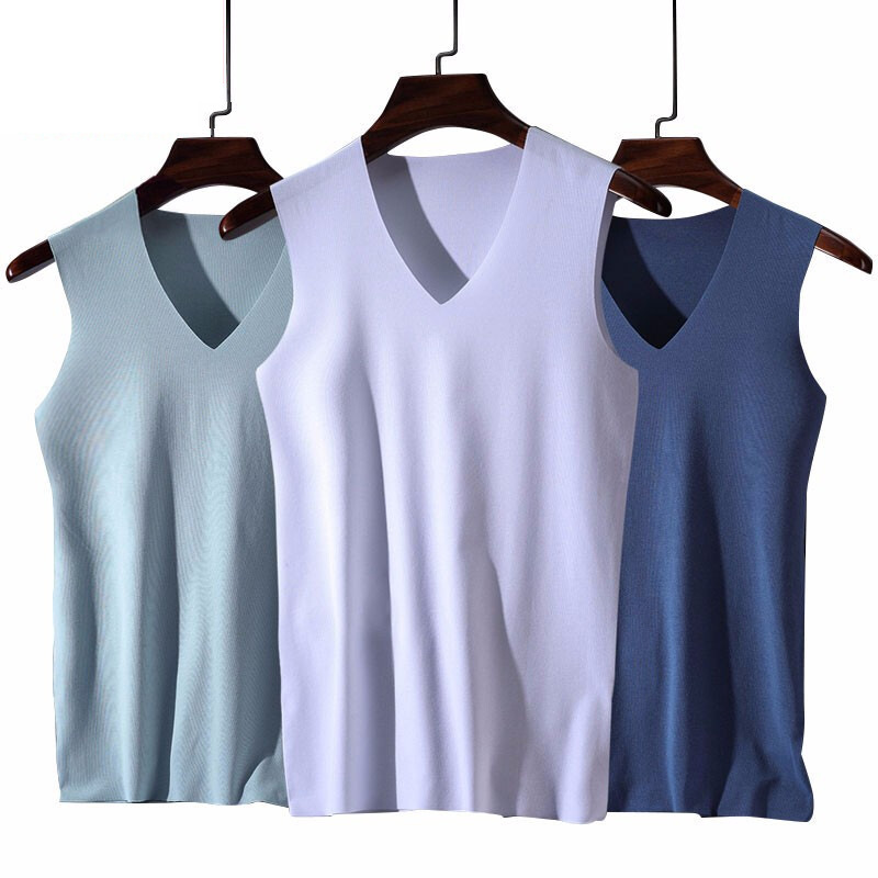 Summer Men's Ice Silk Vest No Slim Mark Ice Cool Sports Base Elastic Wide Shoulder Inner T-shirt Thin Hair