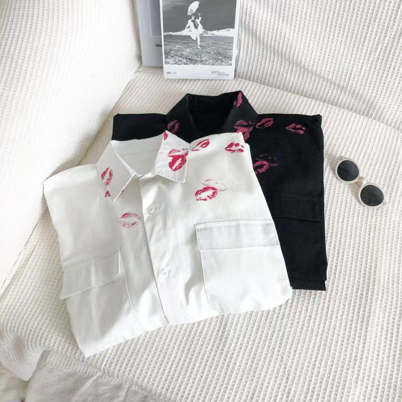 Lip print white long-sleeved shirt men's and women's summer thin niche design high-grade lazy trendy loose shirt