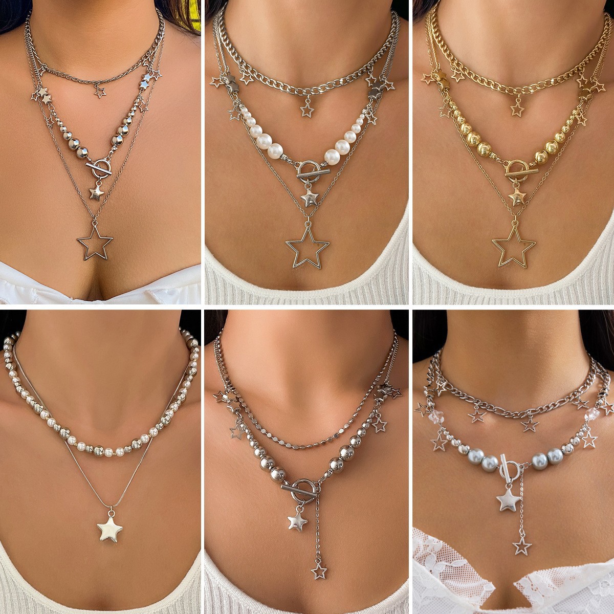 Jewelry hip hop hot girl style star pendant necklace suit fashion round bead metal chain necklace