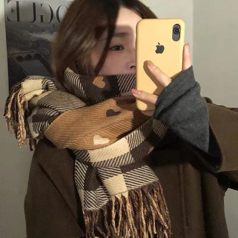 Red Riding Book with Double-sided Love Cashmere Plaid Scarf Women's Winter Tassel Korean Style Retro Long Shawl Scarf