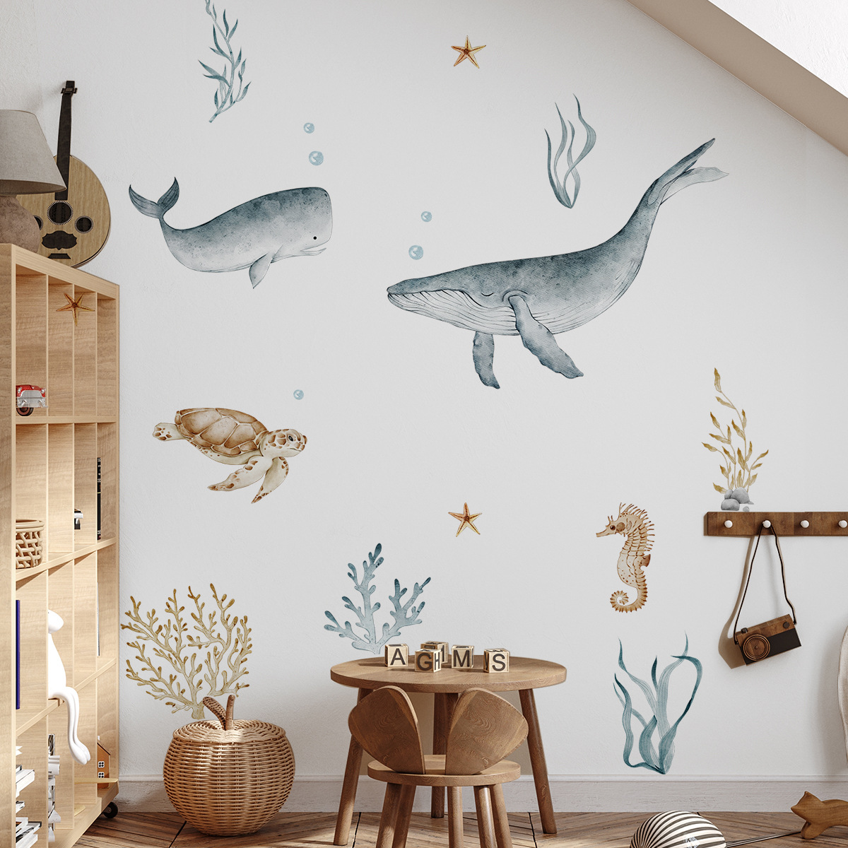 MS3088 large submarine animal whale turtle watercolor style whole wall decorative wall sticker
