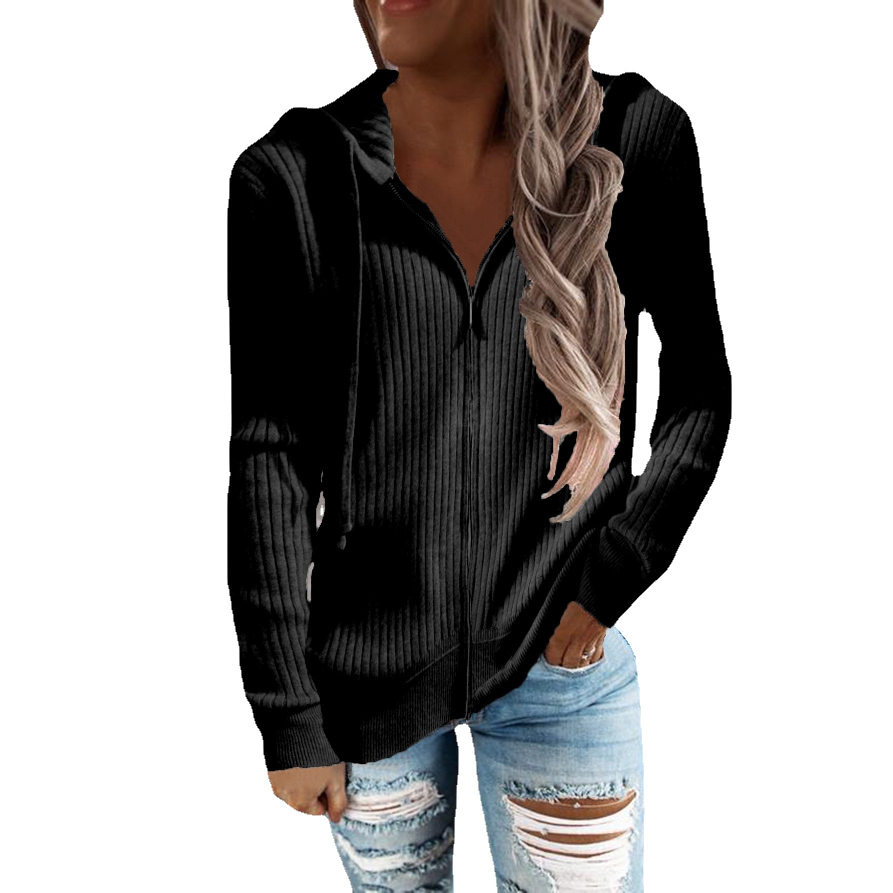European and American Cross-border Autumn and Winter New Striped Casual Sweater Loose Knitwear Zipper Cardigan Long-sleeved Hooded Sweater for Women
